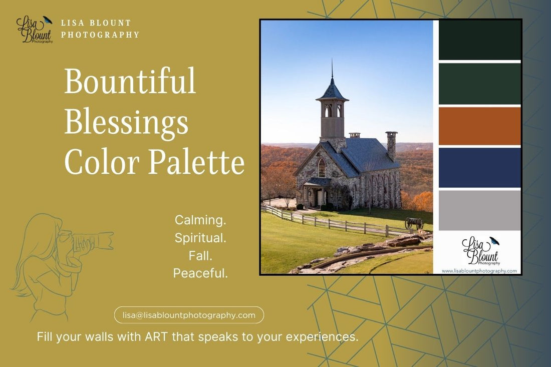 Chapel of the Ozarks fall color palette moodboard with art