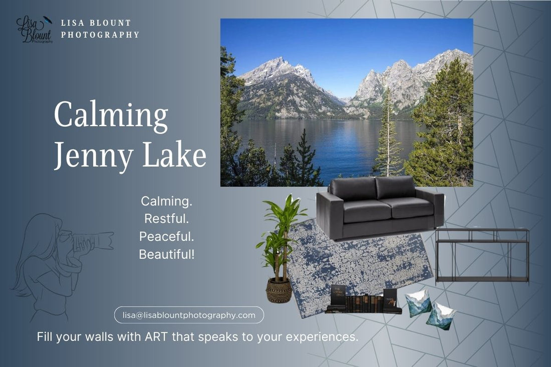 Relaxing mancave moodboard focused on bright art of Jenny Lake Grand Tetons