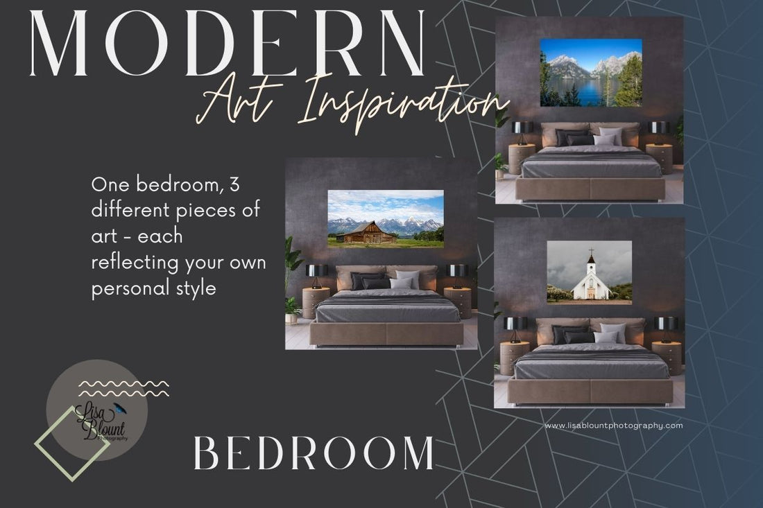 Modern Art Inspiration for Bedroom featuring 3 art pieces on dark gray walls