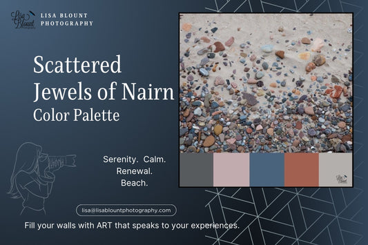 Nairn Beach Scotland color palette with blues, neutrals, pink, gray.  Scattered Jewels of Nairn large wall art decor decorating ideas.