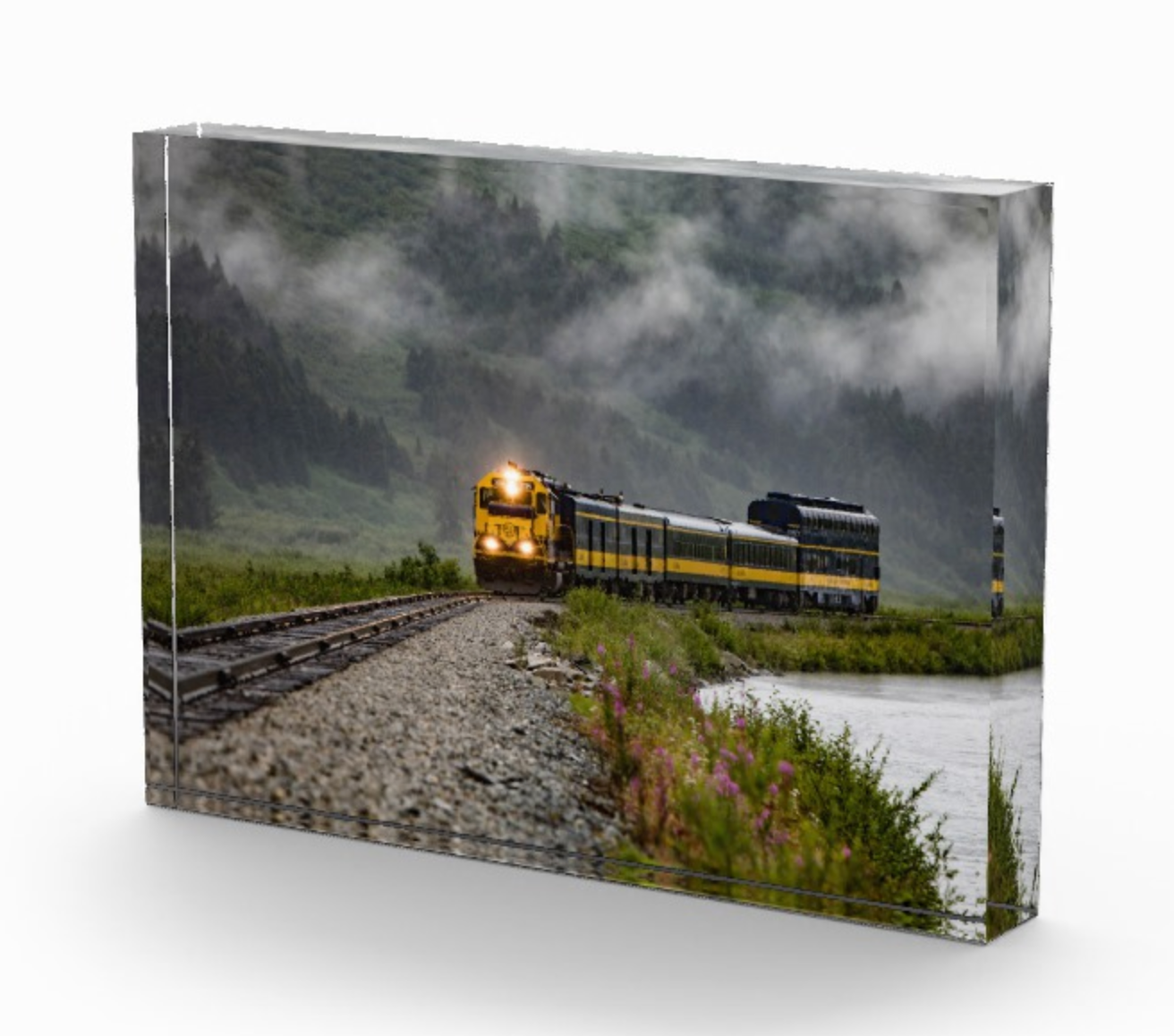 7x5 acrylic block of Alaska train landscape art by Lisa Blount titled Aboard Alaska