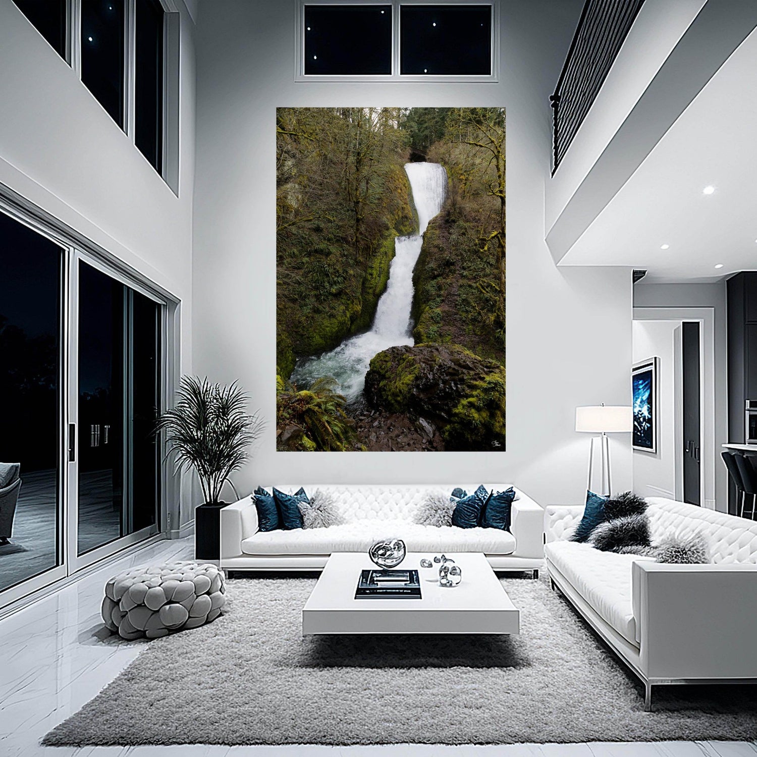 Bridal veil falls large art hanging in all white living room