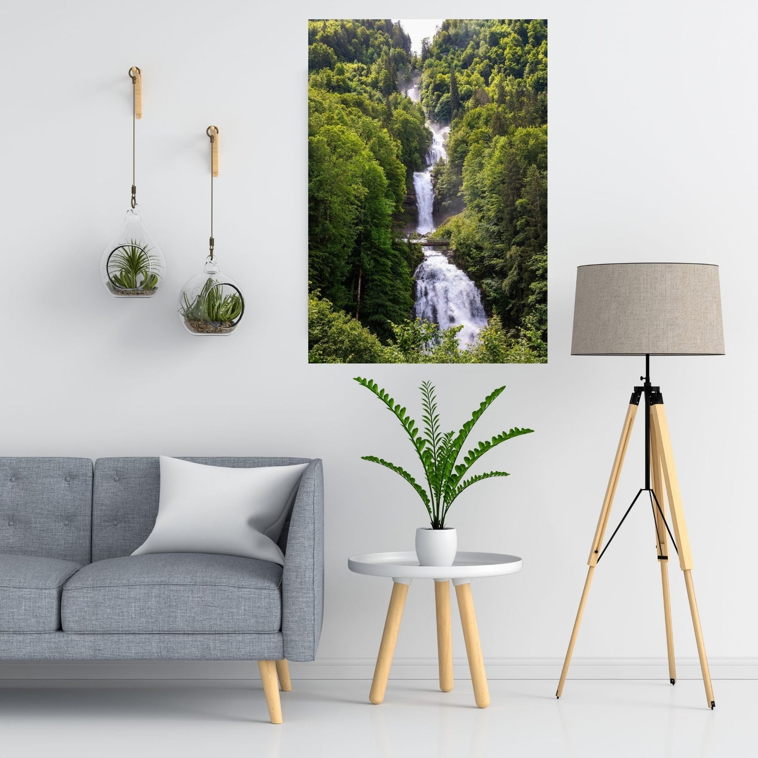 Giessbach Falls hanging in white room with plants - Biophilic 