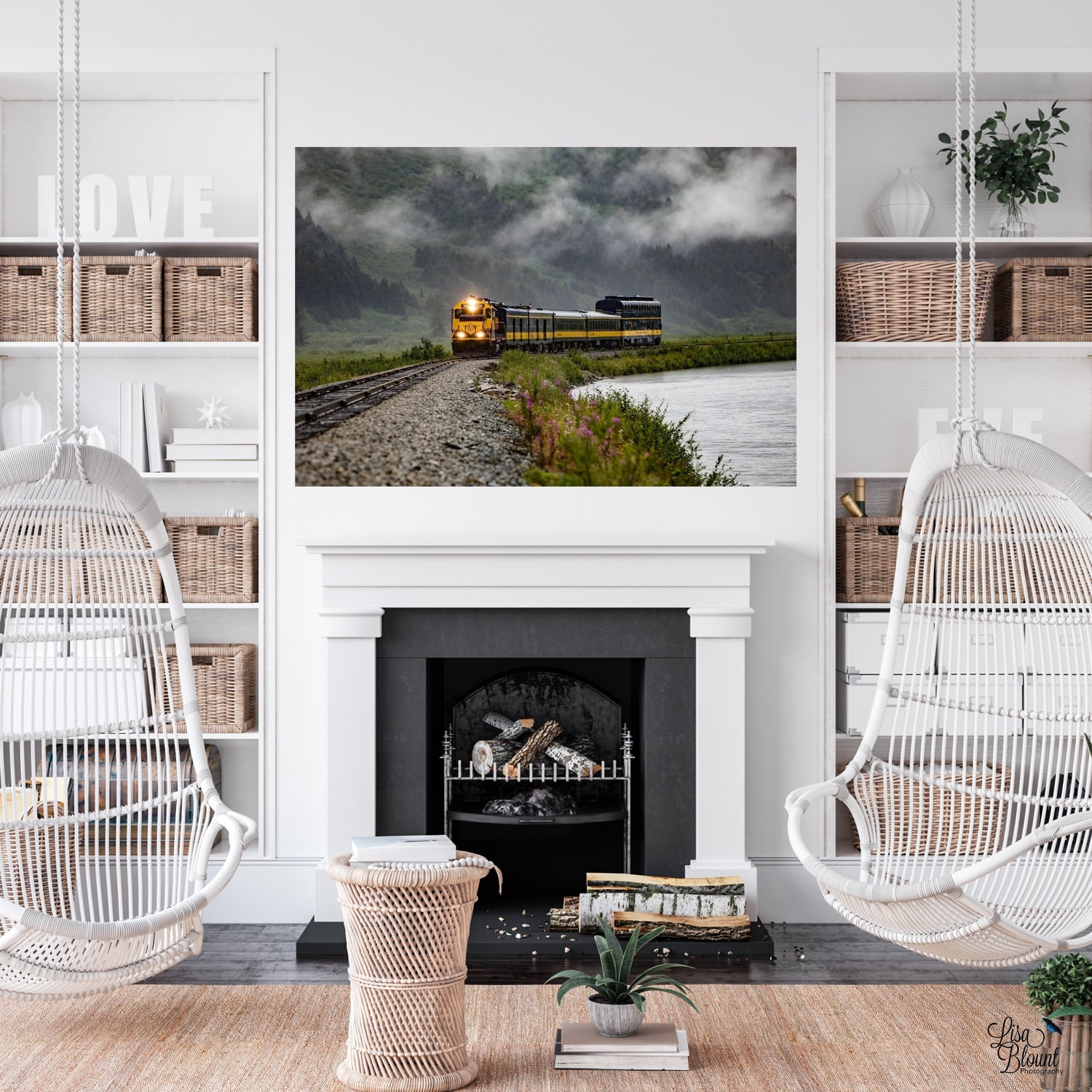 Large limited edition art of Alaska Glacier Train hanging in a boho styled house with dominant white walls and decor