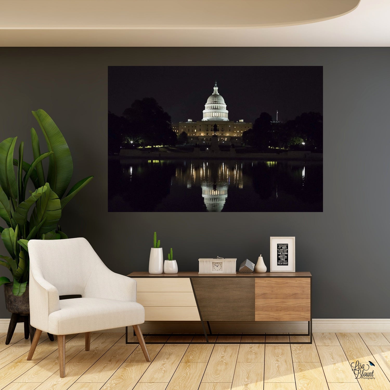 Capitol building reflecting at night large wall art hanging in an neutral office setting on a brown wall 