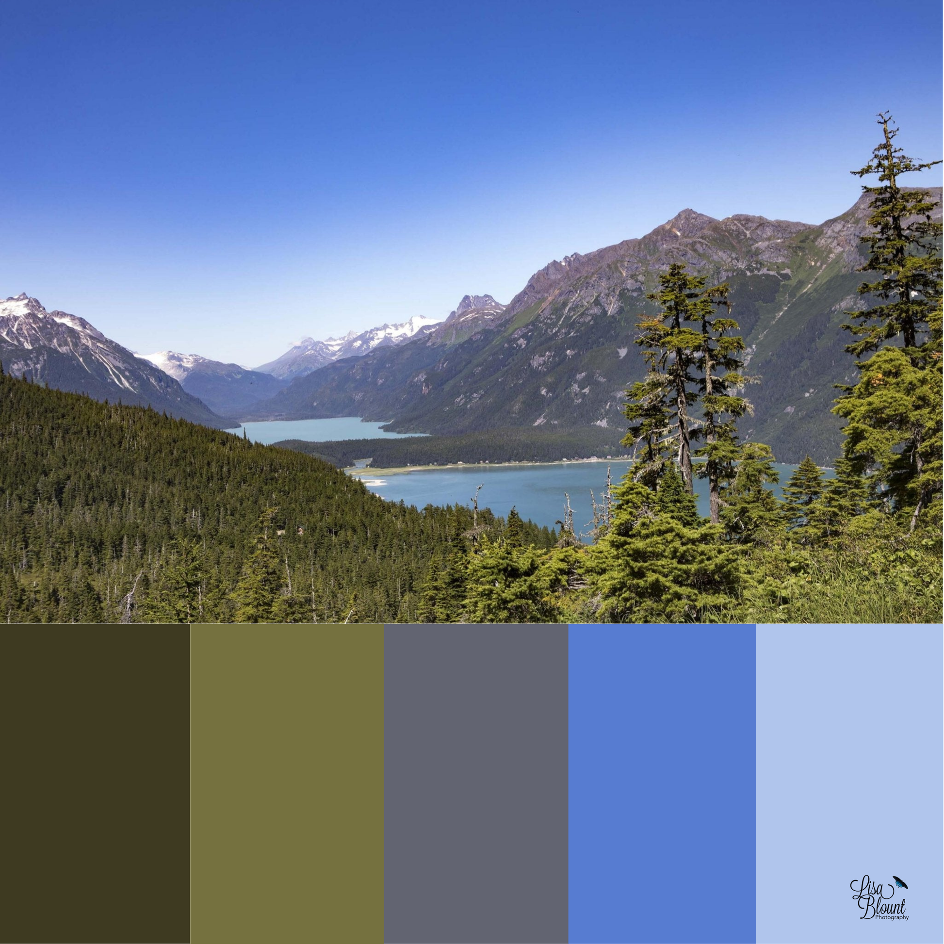 Chilkoot Lake color palette with greens and blues from Haines Alaska