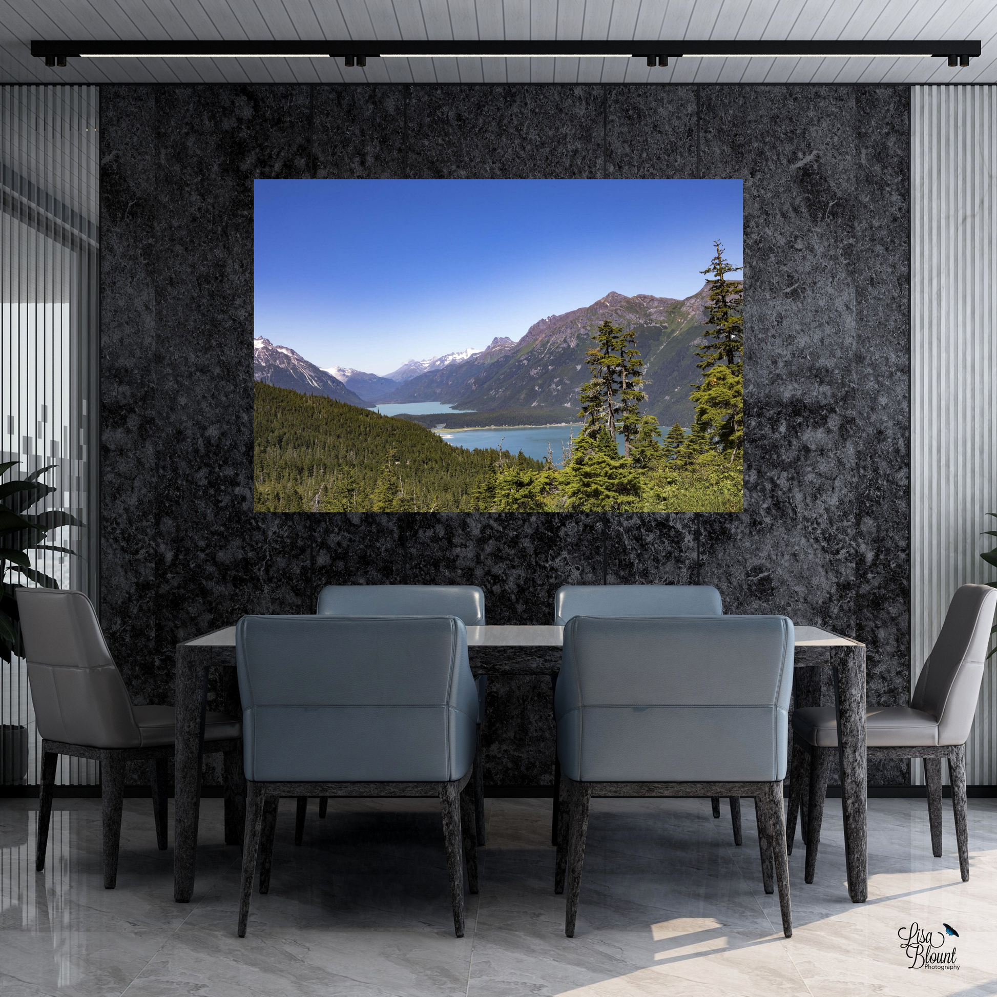 Chilkoot Lake large fine art photography hanging on dark black gray wall in conference room or dining area