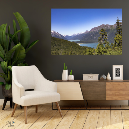 Chilkoot Lake Haines Alaska Landscape Fine Art hanging in office sitting space over credenza on dark brown wall