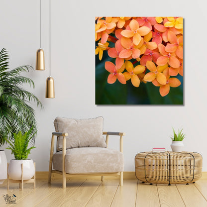 Coral Jungle Geranium large wall art hanging in neutral biophilic sitting area