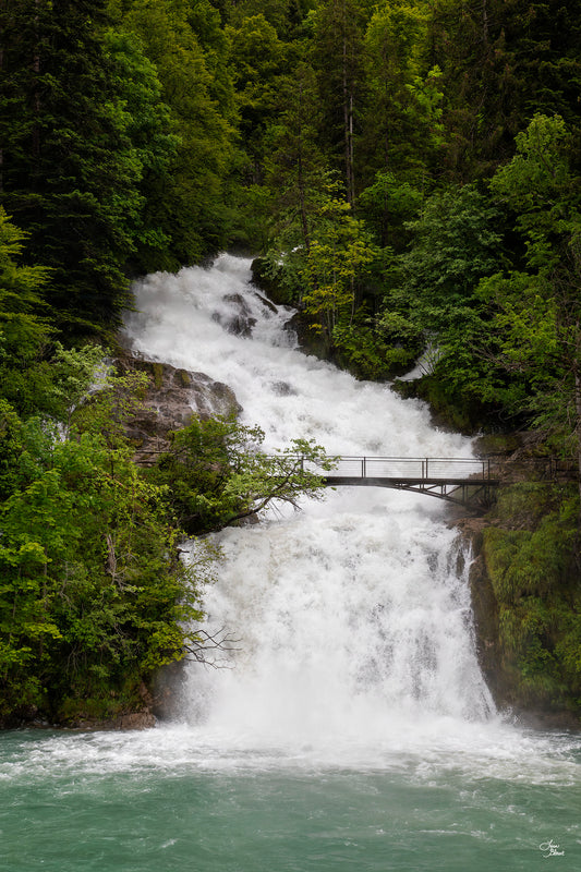 Lower Cascade of Giessback falls where it descends into Lake Brienz in Interlaken Switzerland - fine art wall decor by Lisa Blount