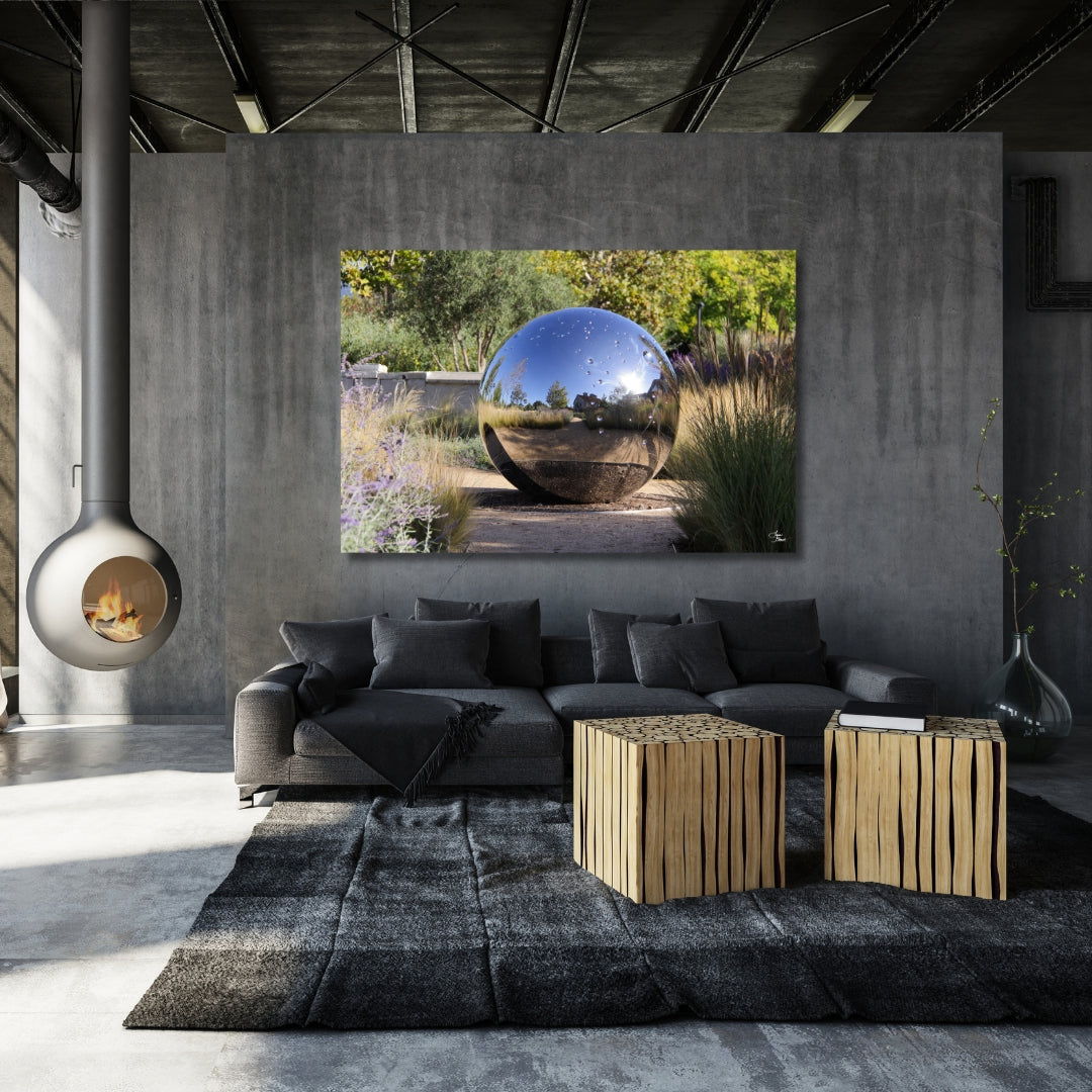 Hall Gazing Ball' fine art print displayed in a contemporary living room, adding a touch of elegance and nature-inspired beauty to the space.
