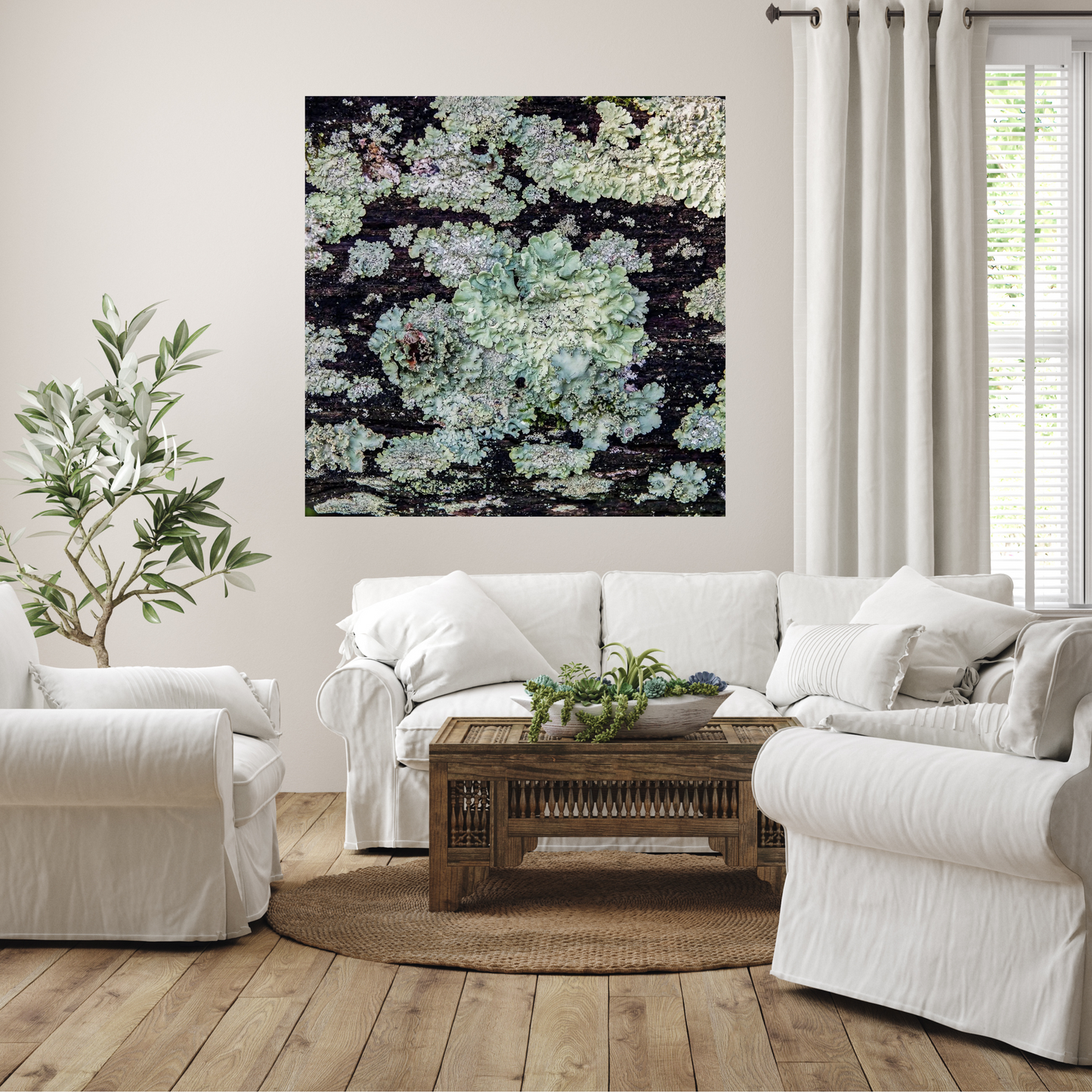 Lichen growing on dark wood fence rail turns into abstract fine art photography hanging in white living room.  Art by Lisa Blount photography