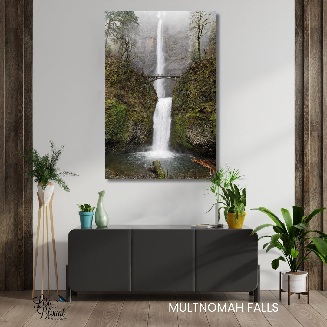 Multnomah falls 20x30 acrylic fine art hanging on white and wood wall above grey credenza