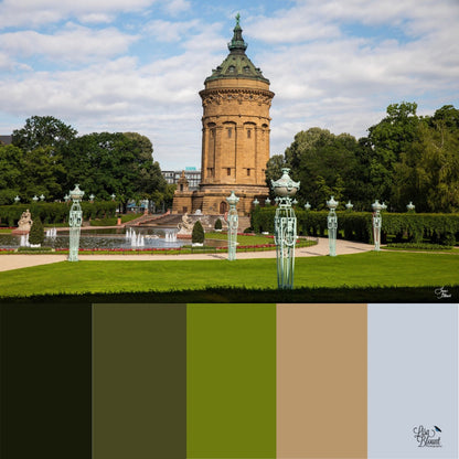 Mannheim Germany color palette for the square park with old water tower