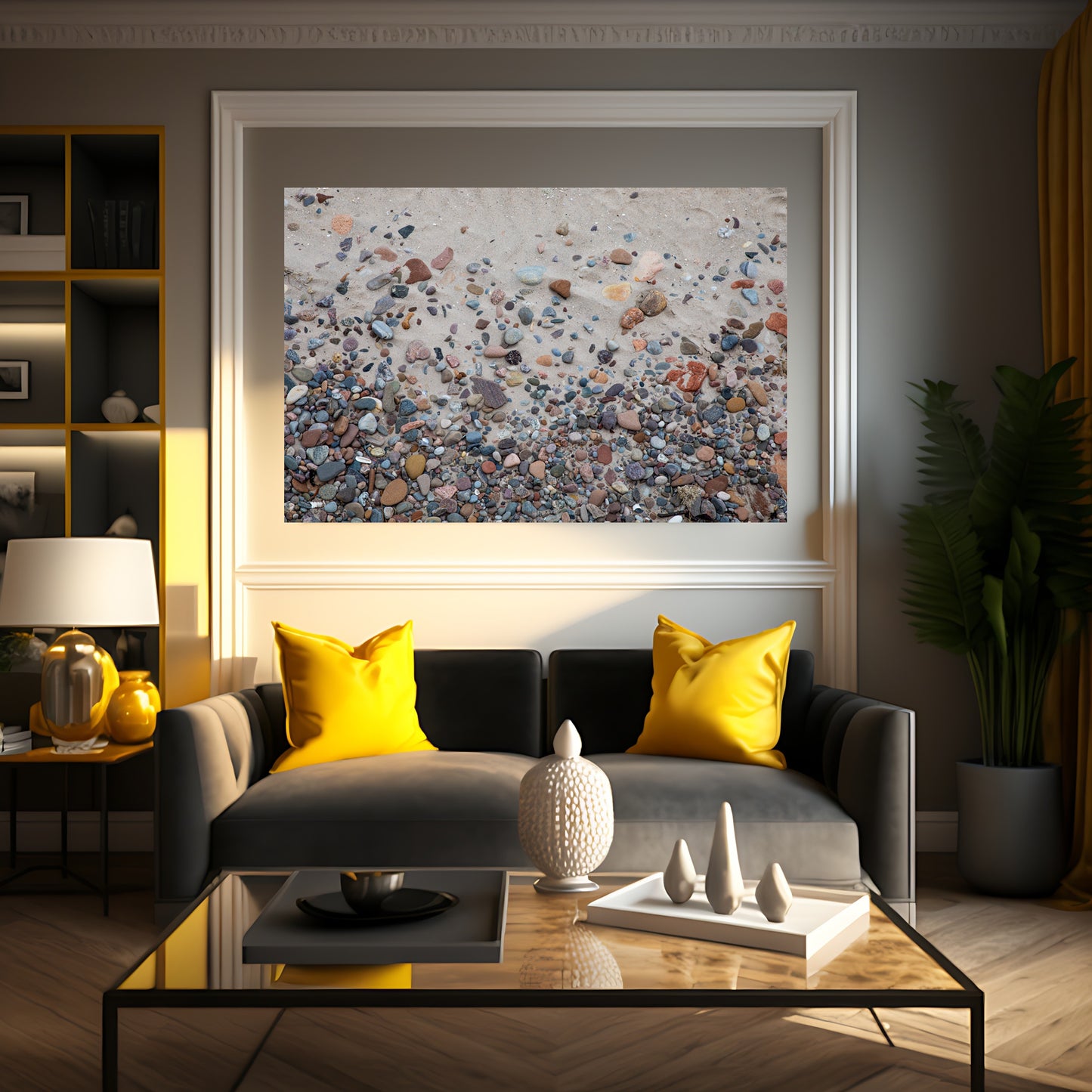 Colorful rocks in the sand at Nairn Beach large art wall decor in bright living room