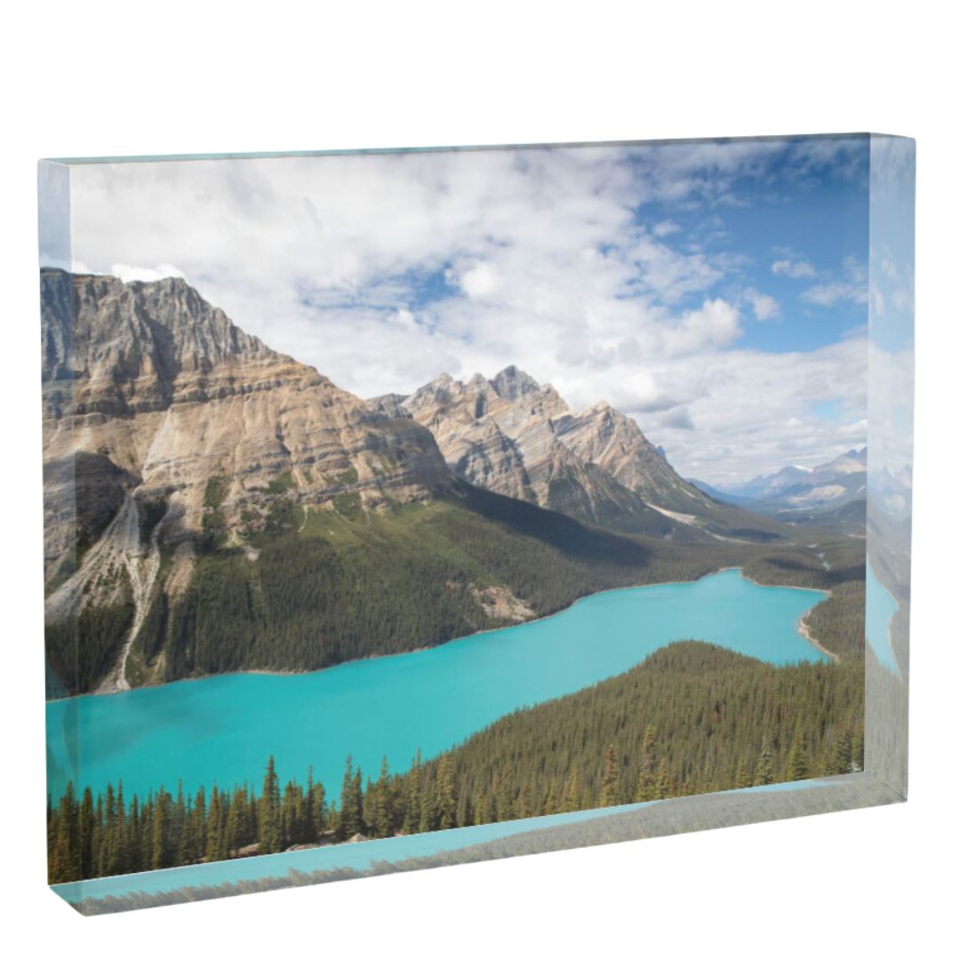 Acrylic block shelf decor 7x5 of Peyto Lake in Banff National Park Canada.  Landscape photography captures the scene perfectly.