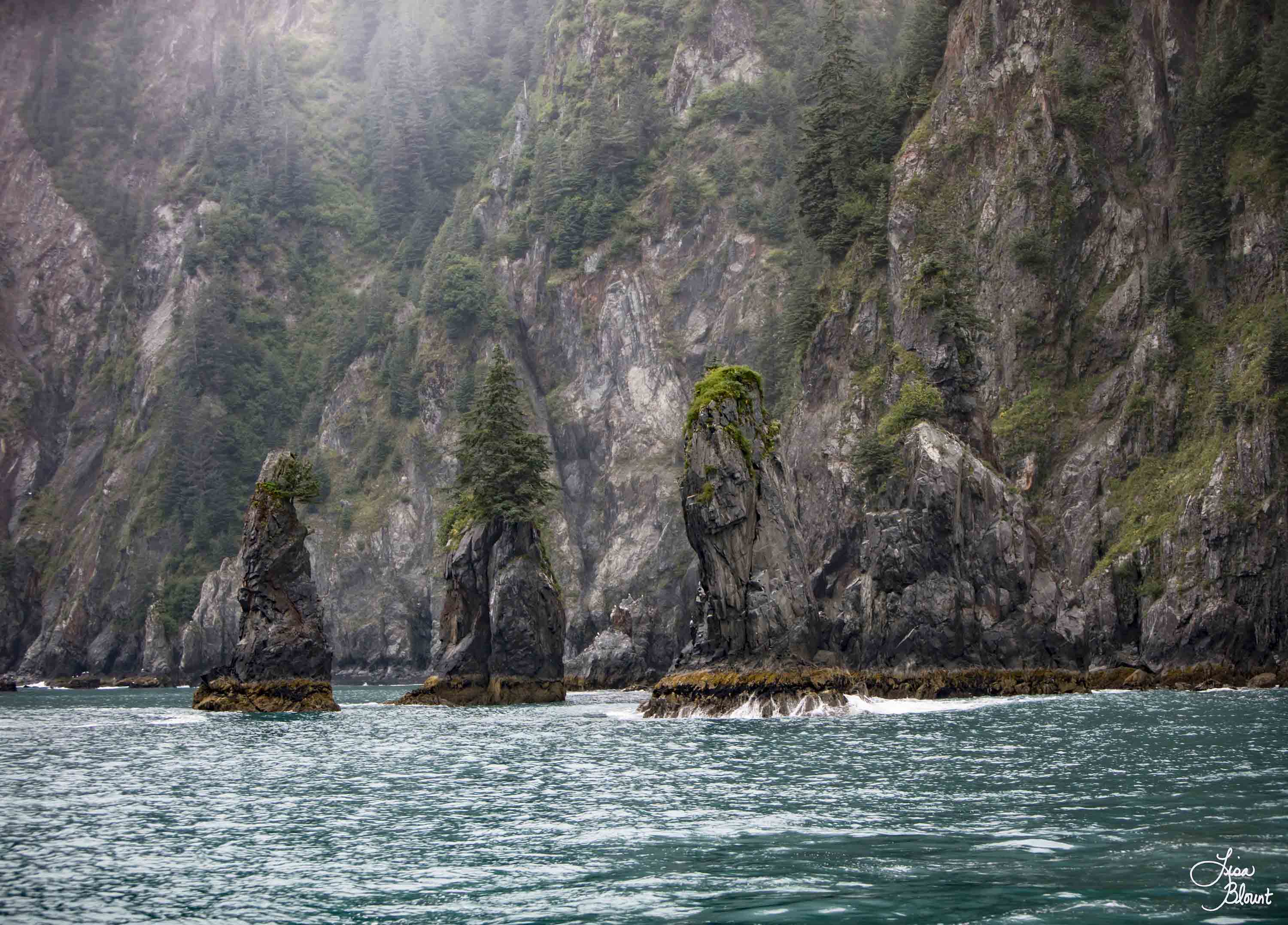 Acrylic art piece of Kenai Fjords Resurrection Bay Alaska rocks with trees growing on top surrounded by teal water