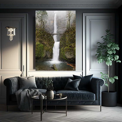 Large fine art photography print of Multnomah Falls, perfect for luxury home decor and nature-inspired interiors.  Displayed above velvet luxury decor grey room.