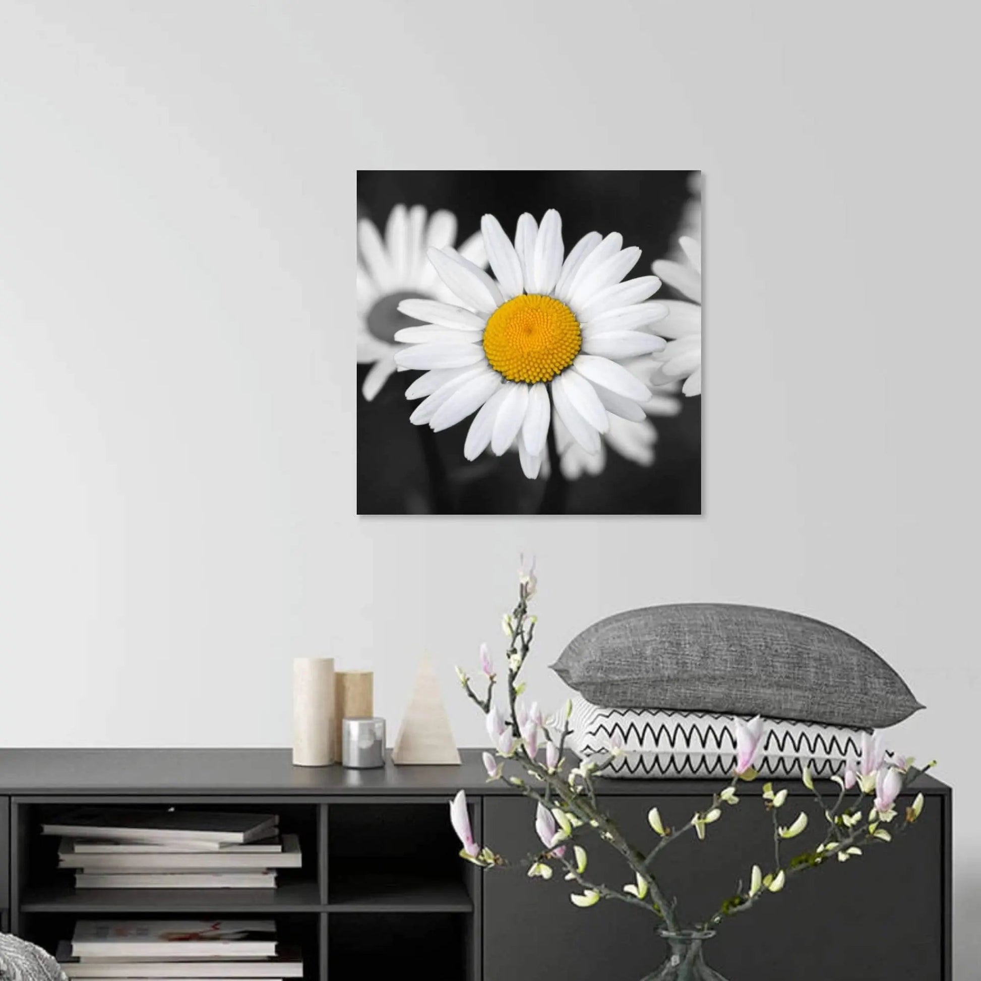 monochrome yellow daisy displayed on wall