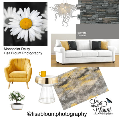 yellow daisy black white mood board art